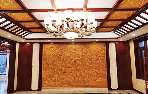 北大镇中式别墅客厅中式木作横梁吊顶装饰展示